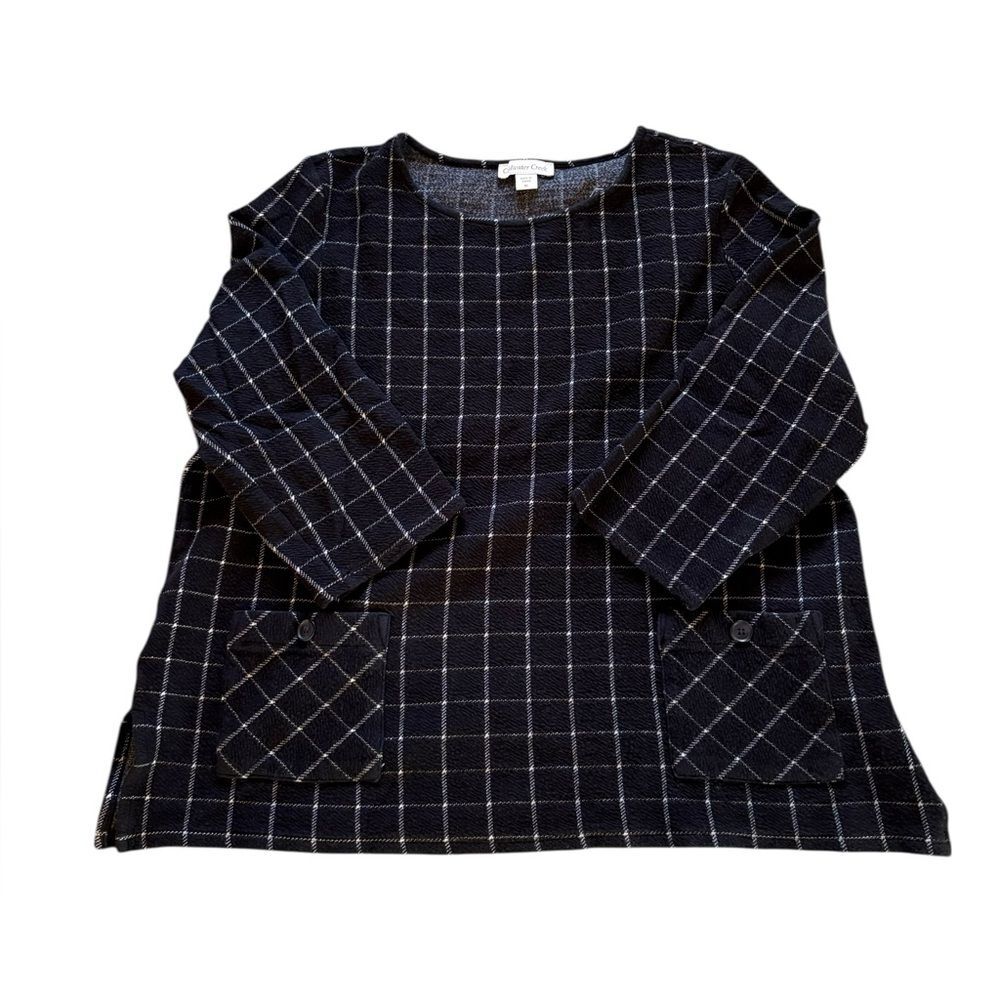 Coldwater Creek Black White Textured Windowpane Plaid Blouse Top Womens XL